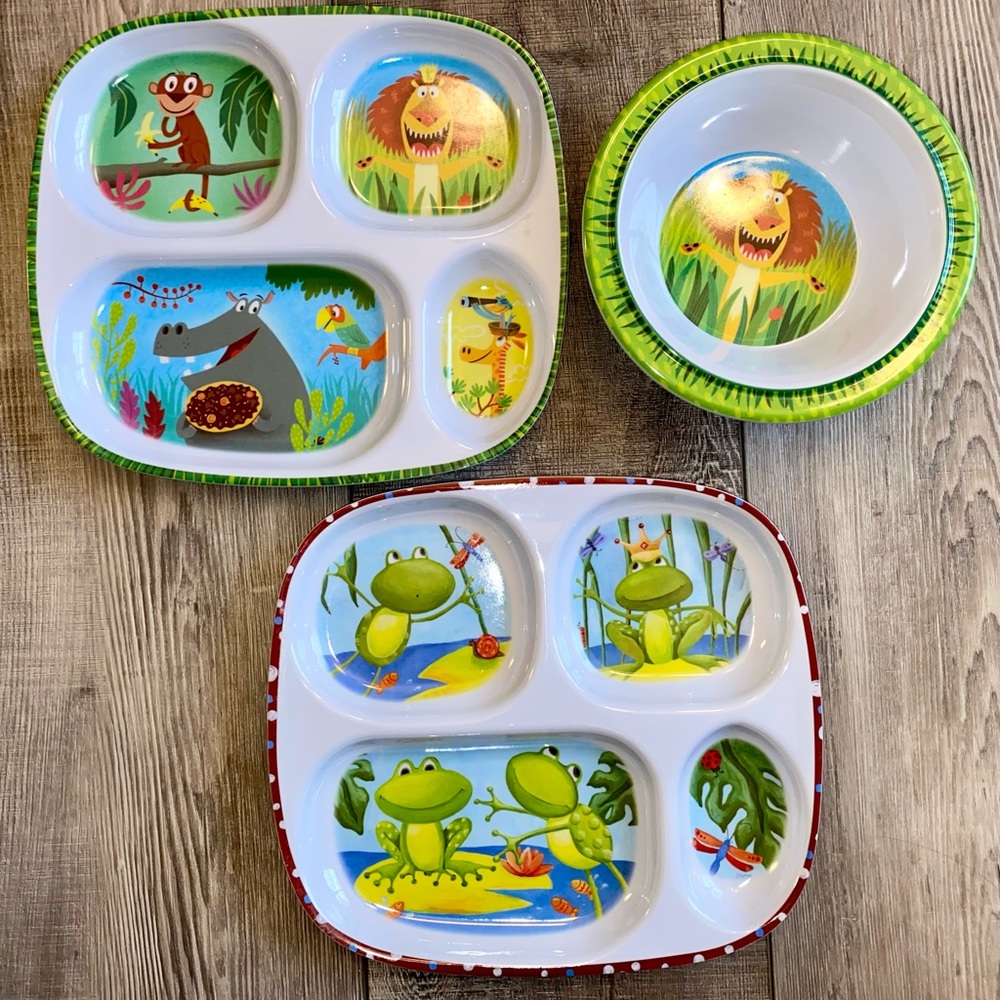 Merritt Pond Frogs & Safari Zoo Animals Children's Melamine Dinnerware Set